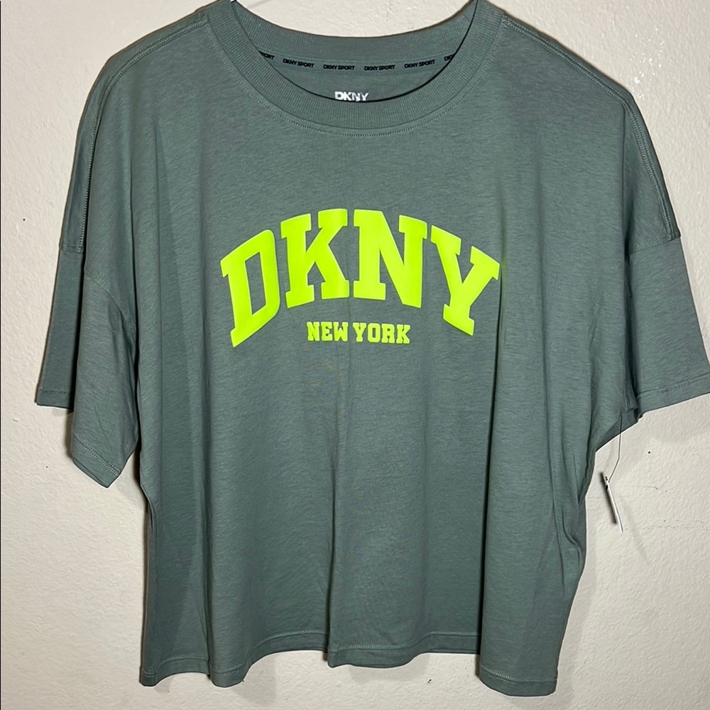 DKNY Gray Crop Top with Neon Yellow Logo